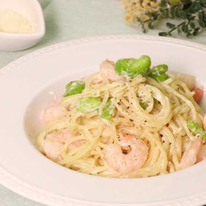 「そら豆とえびのクリームパスタ」のレシピ動画