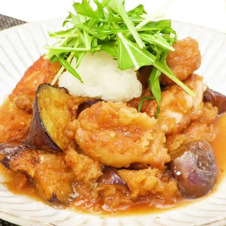 鶏肉となすの甘酢みぞれ炒め