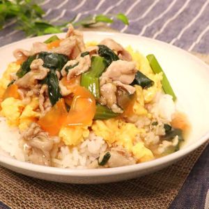 「小松菜と豚肉のあんかけごはん」のレシピ動画