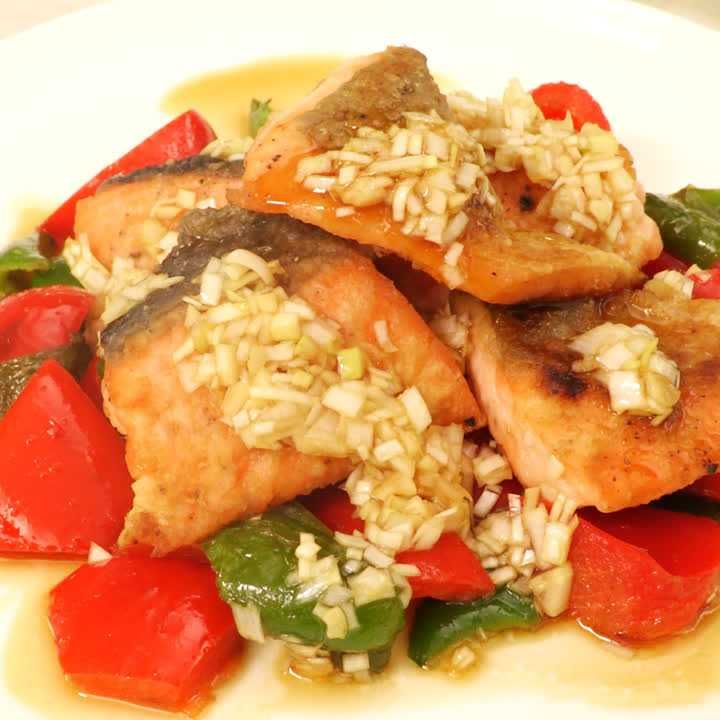 鮭の香味揚げねぎソースがけ