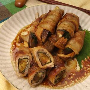 エリンギとなすの肉巻きバター醤油風味