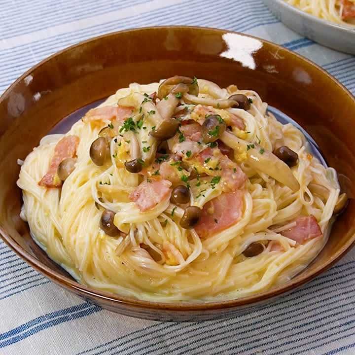 きのことベーコンのカルボナーラそうめん