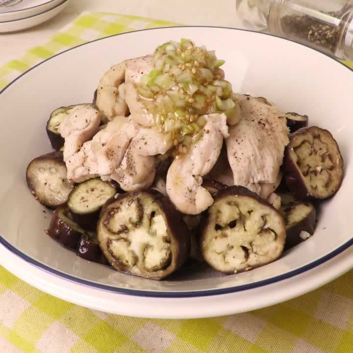 なすと鶏むね肉のねぎ塩レモンがけ
