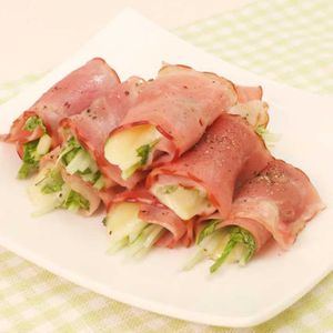 「水菜のベーコンチーズ巻き」のレシピ動画