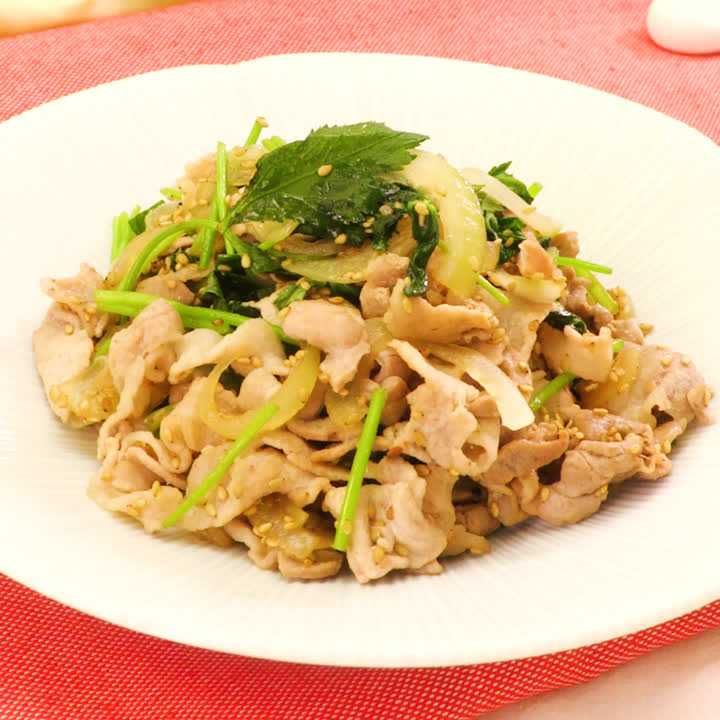 三つ葉と豚肉のごま炒め