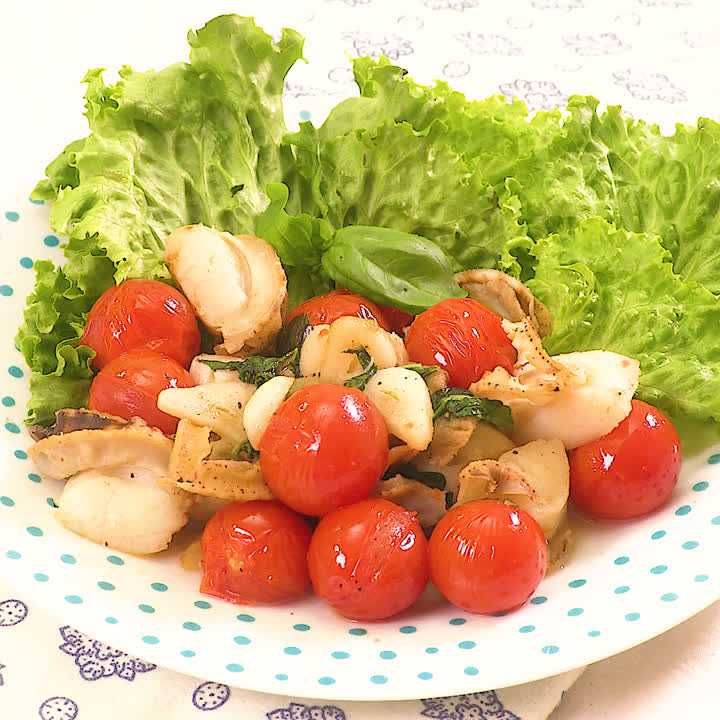 ホタテとミニトマトのバジル炒め