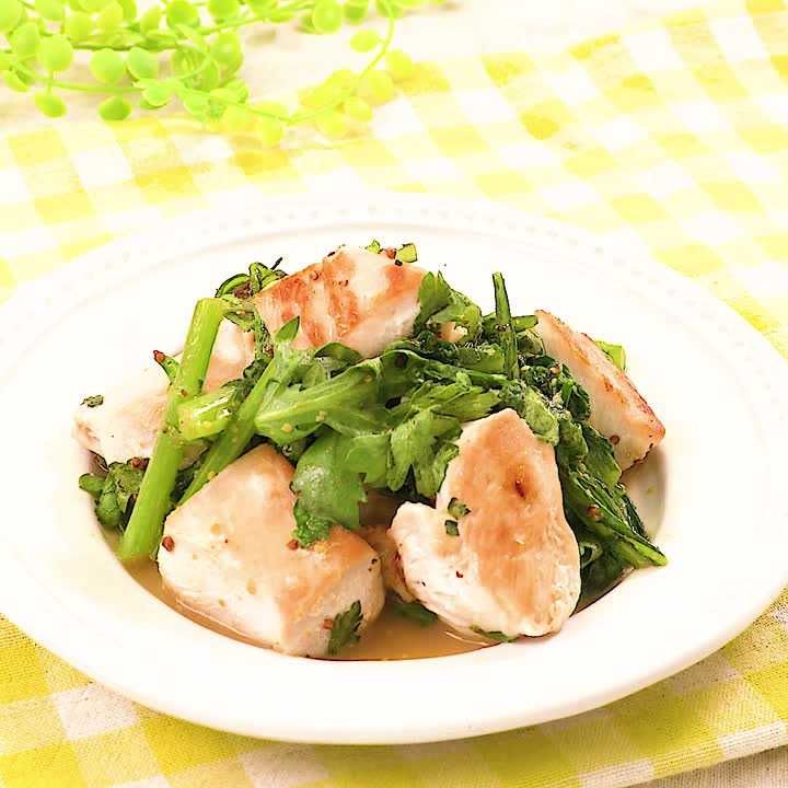 春菊と鶏肉のマスタード炒め