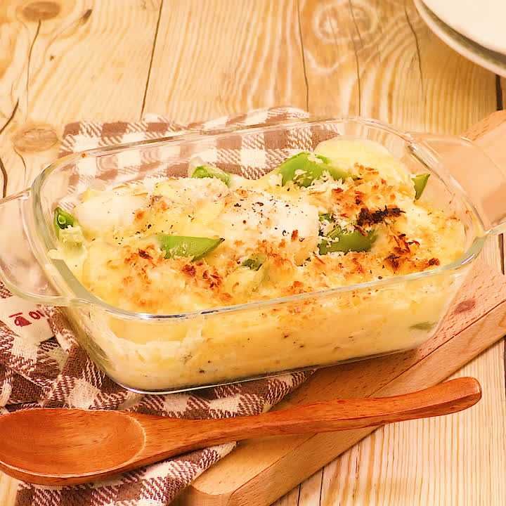 スナップエンドウとタラのタルタルオーブン焼き