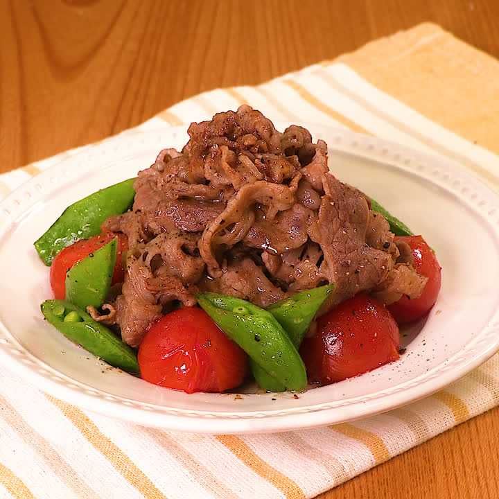 スナップエンドウと牛肉のごま油炒め