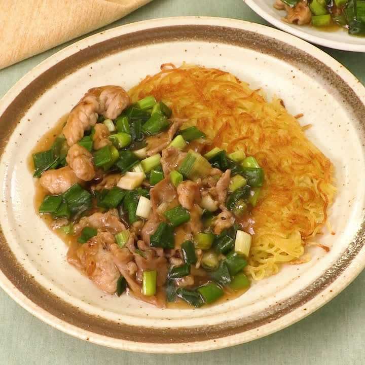 わけぎと豚肉のあんかけ焼きそば