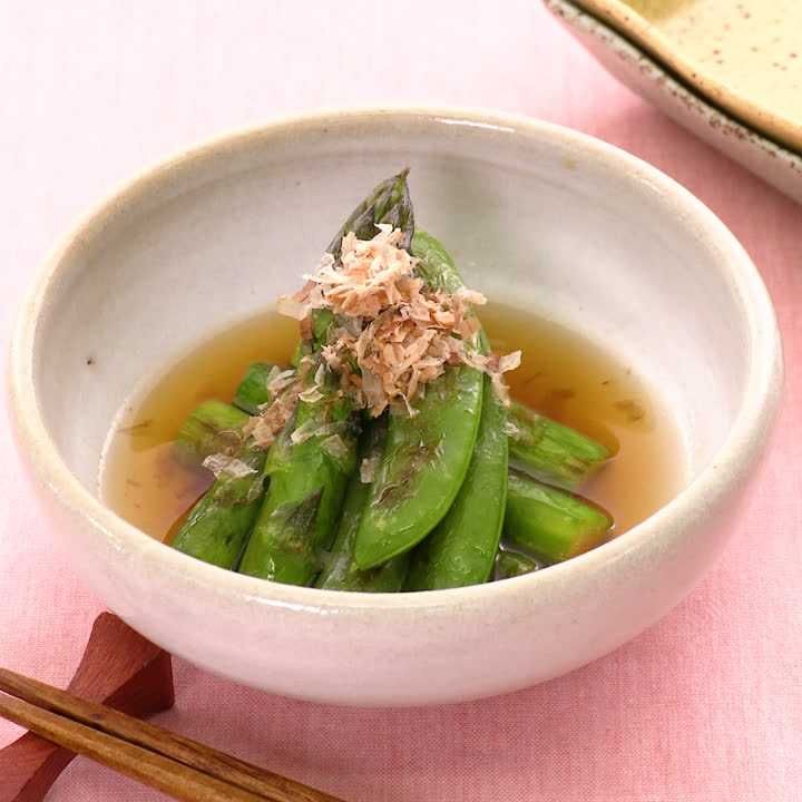 スナップエンドウとアスパラの焼き浸し