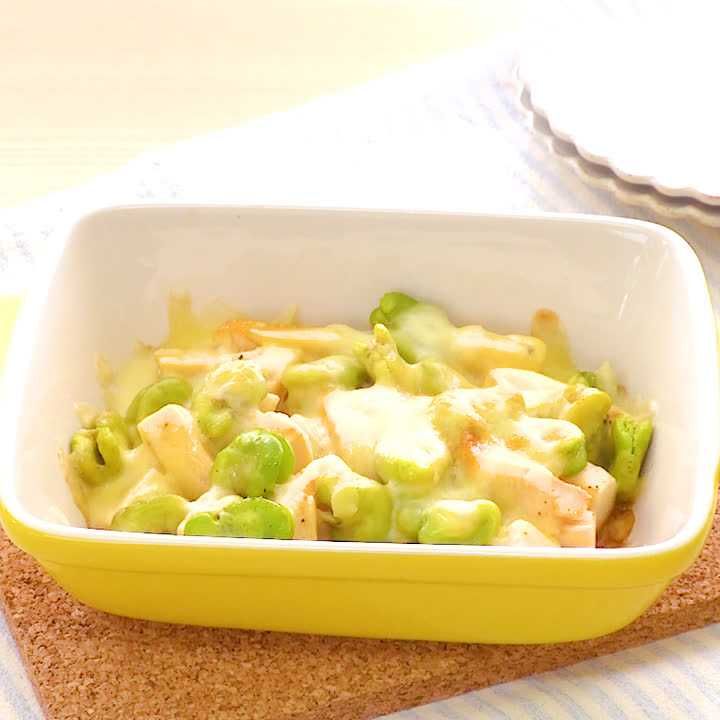 たけのことそら豆のチーズ焼き