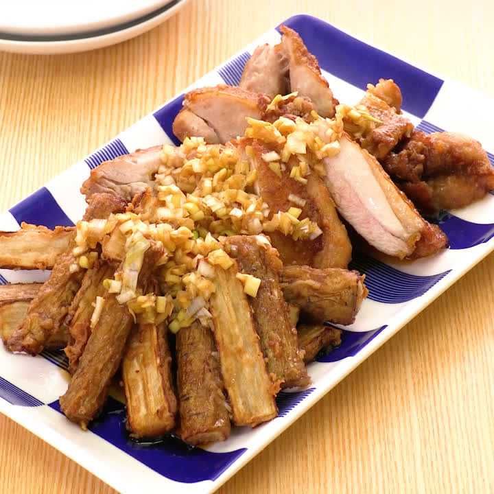 鶏肉と揚げごぼうのねぎだれ