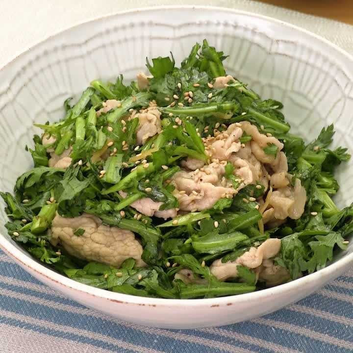 春菊と豚肉のピリ辛和え