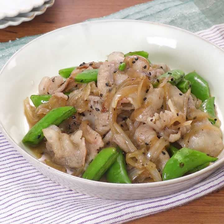 豚肉とスナップエンドウのごまマヨ炒め