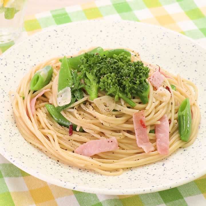 スナップエンドウと菜の花のパスタ