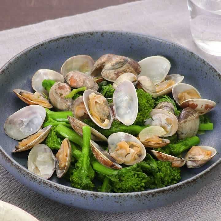 あさりと菜の花のポン酢バター酒蒸し