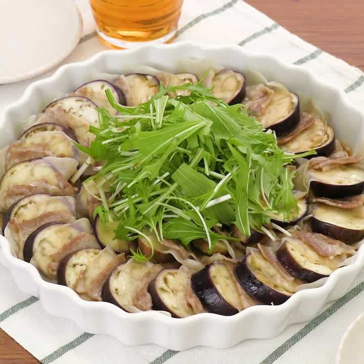 なすと豚バラ肉のもちもち蒸し