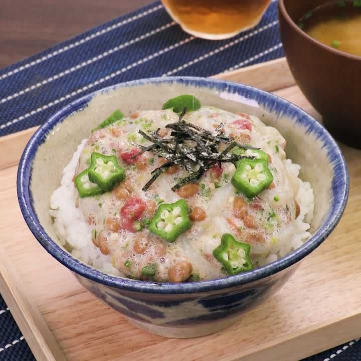 オクラとイカの納豆丼