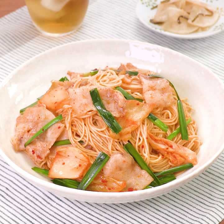 豚肉とそうめんのキムチ炒め