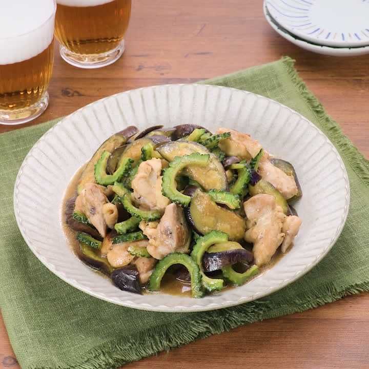 鶏もも肉となすの甘みそ炒め