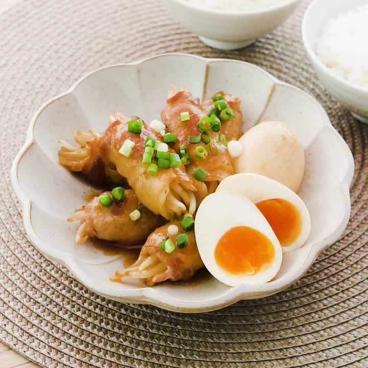 もやしの肉巻きと卵の甘辛煮
