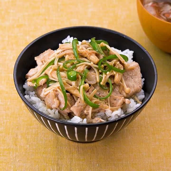 豚肉とえのきのにんにく甘辛丼