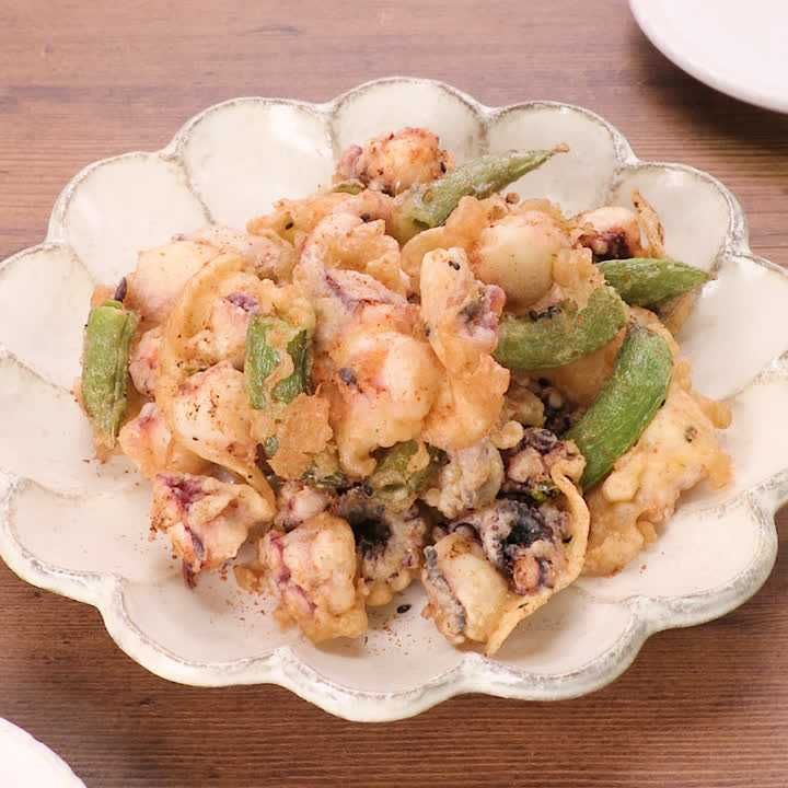 たことスナップエンドウのピリ辛フリット