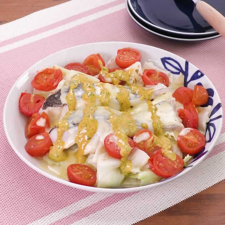 たらのチーズレンジ蒸しカレーマヨ風味