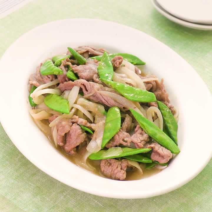 絹さやと牛肉のみそ炒め