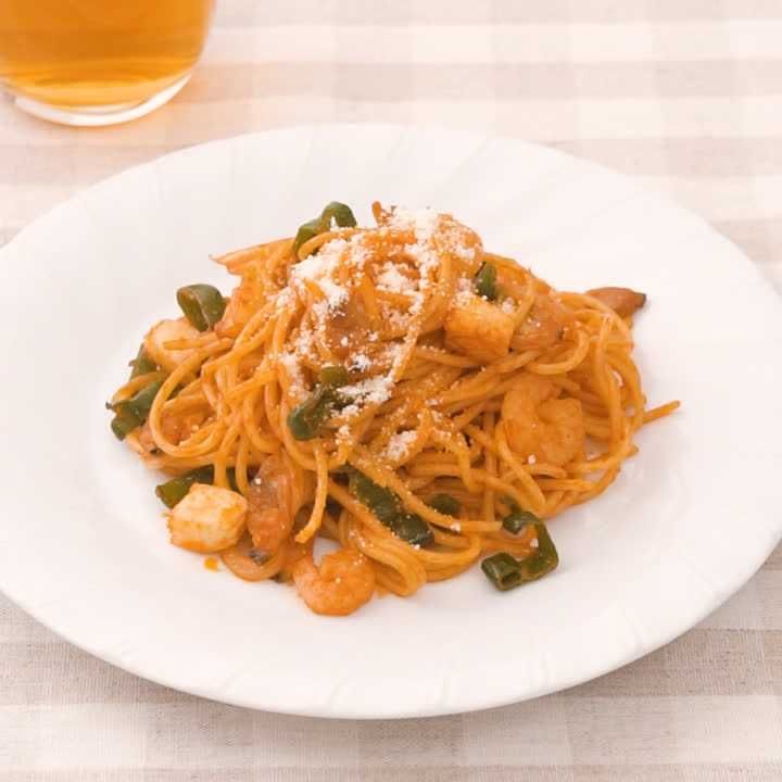 シーフードミックスのケチャップパスタ