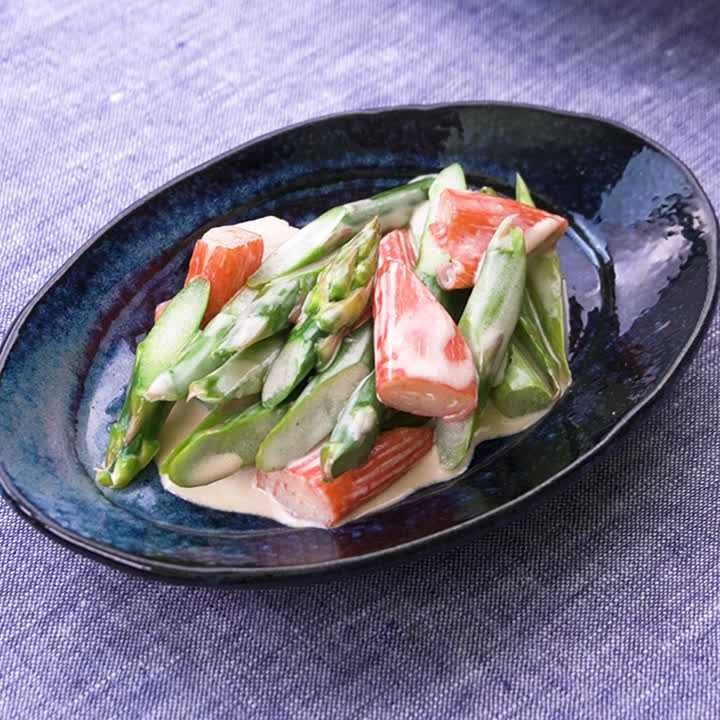 アスパラとカニかまぼこのマヨポン酢あえ