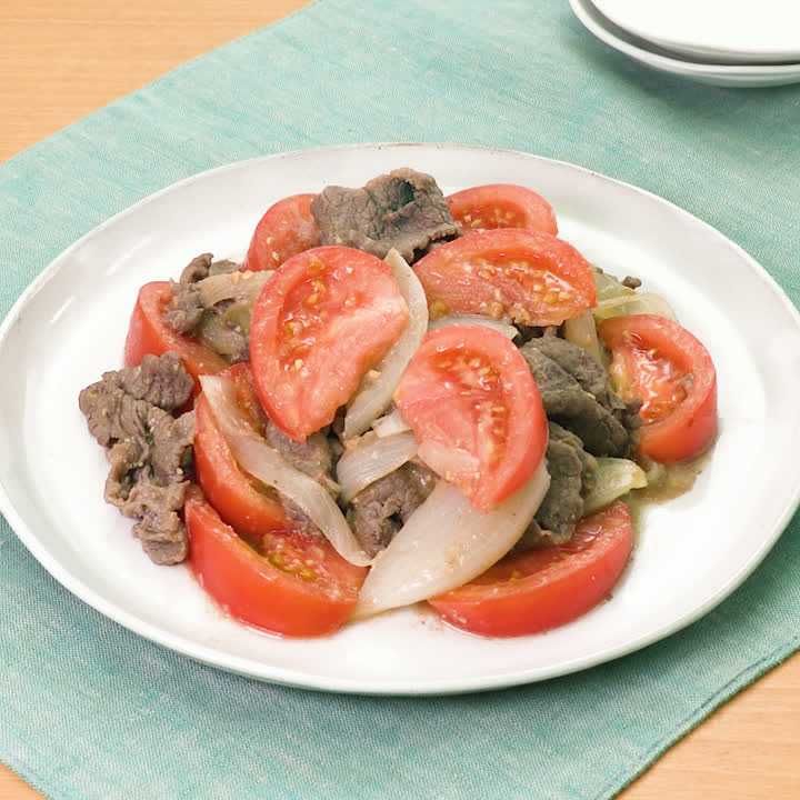 牛切り落とし肉とトマトのみそ炒め