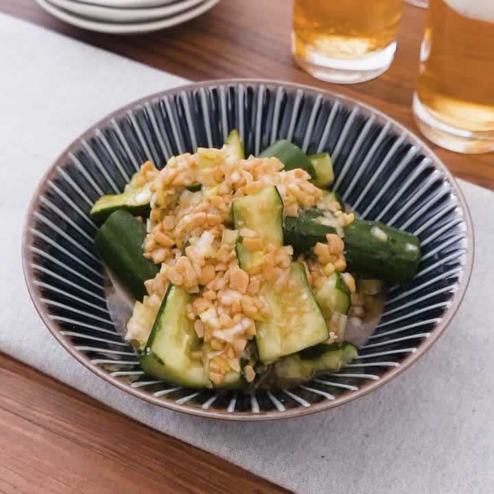 たたききゅうりと納豆のねぎポン酢あえ