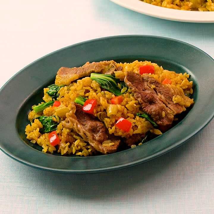 チンゲン菜と牛肉のカレーピラフ