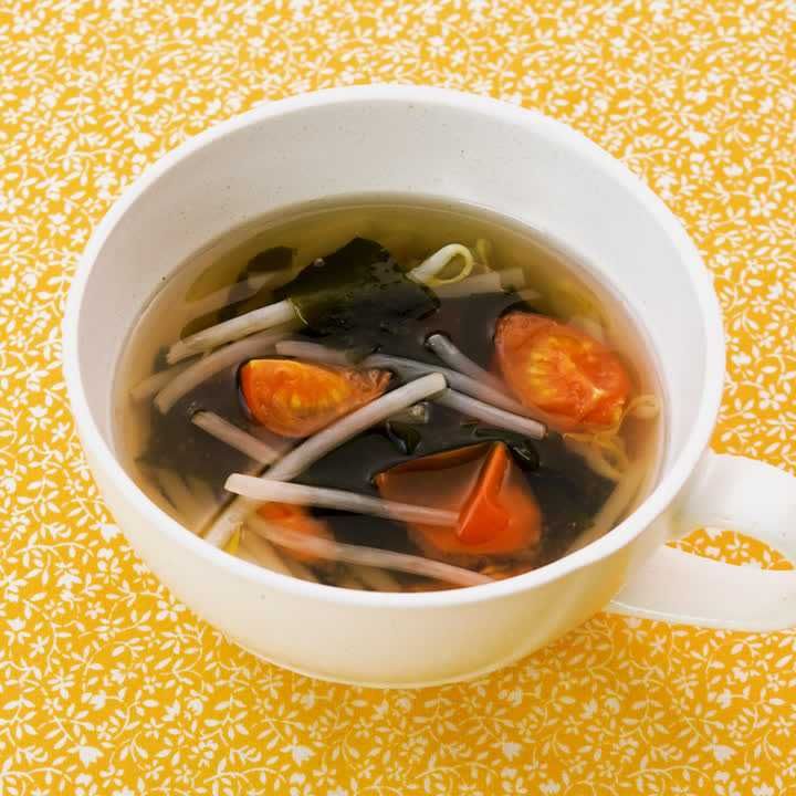 もやしとミニトマトのレンチンスープ