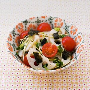 「れんこんとかいわれののりあえ」のレシピ動画