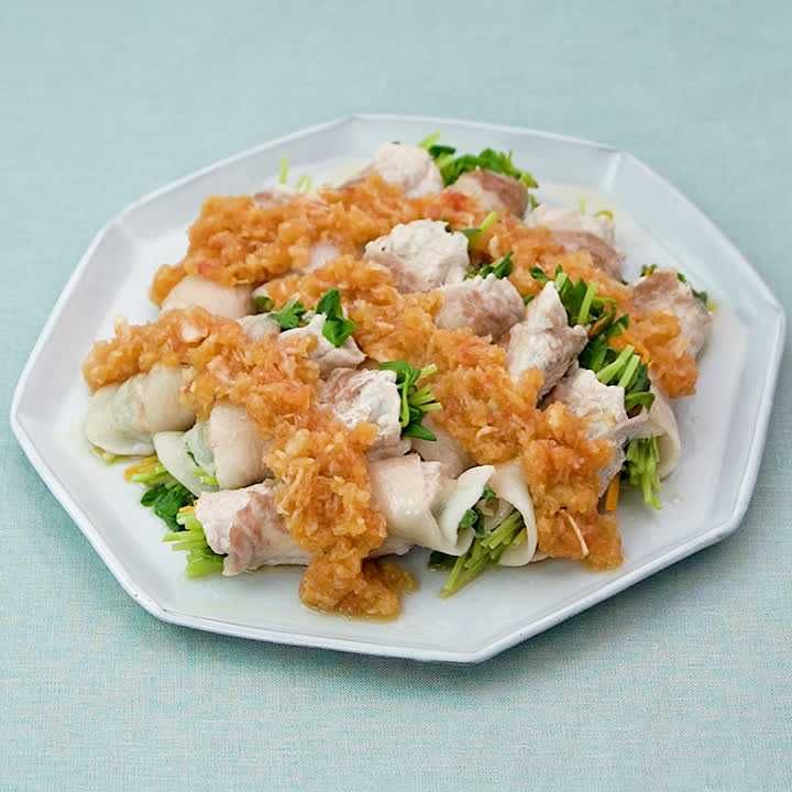 豆苗とにんじんの肉巻き梅おろしだれ