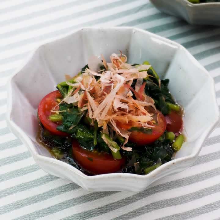 モロヘイヤとミニトマトのめんつゆ浸し