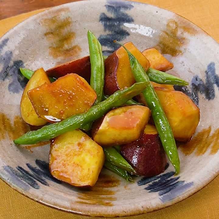 いんげんとさつまいもの甘辛炒め