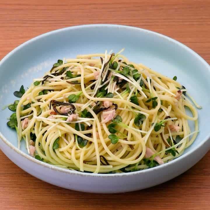 かいわれと塩昆布の冷製パスタ