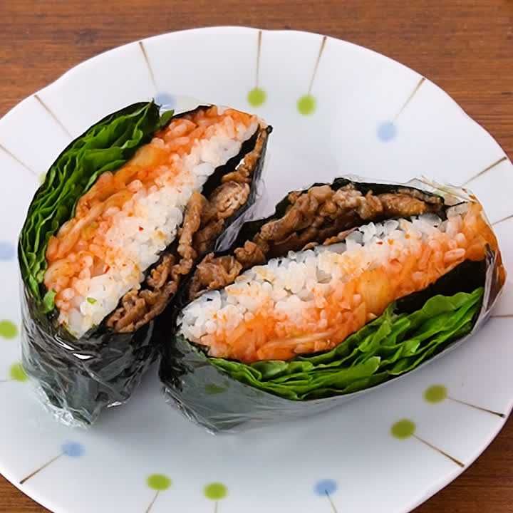 牛肉とサンチュの折りたたみおにぎり