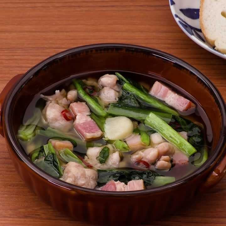 小松菜と鶏もものアヒージョ