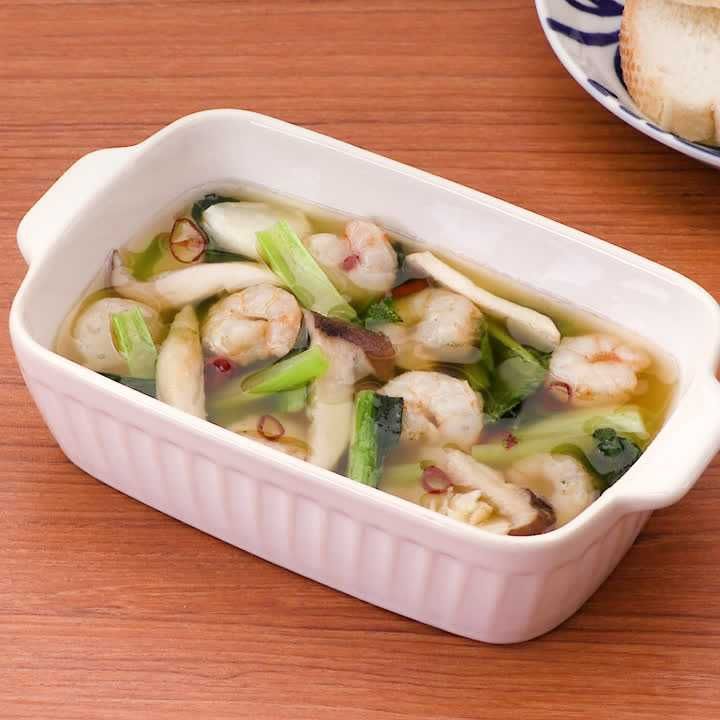 エリンギとえびと小松菜のアヒージョ