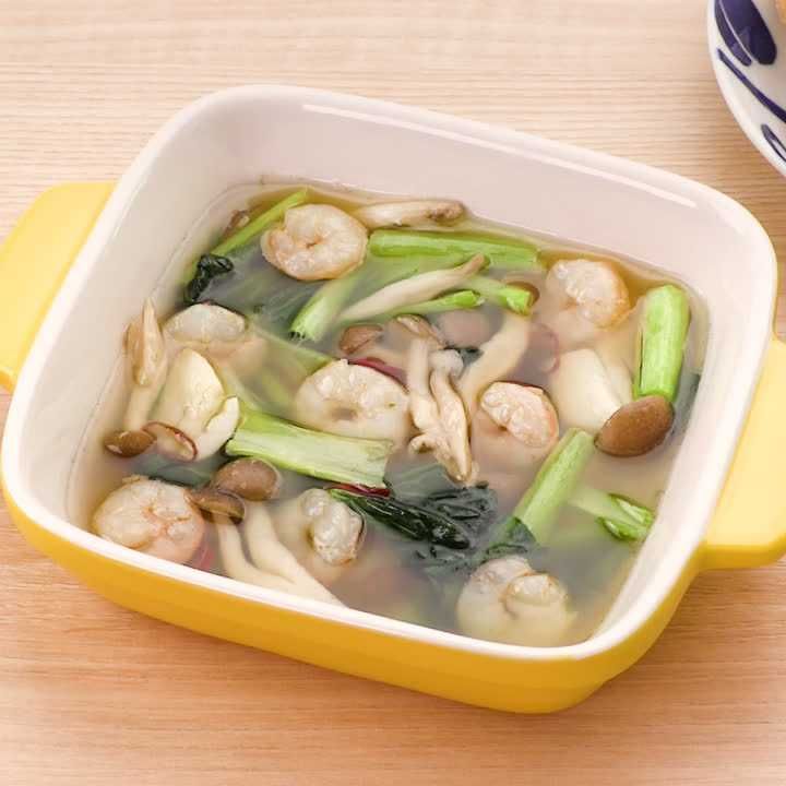 しめじとえびと小松菜のアヒージョ