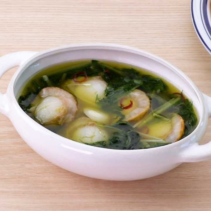 ホタテと水菜のアヒージョ