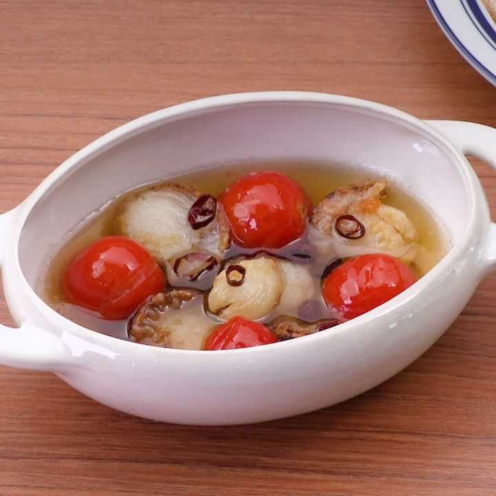 ホタテとミニトマトのアヒージョ