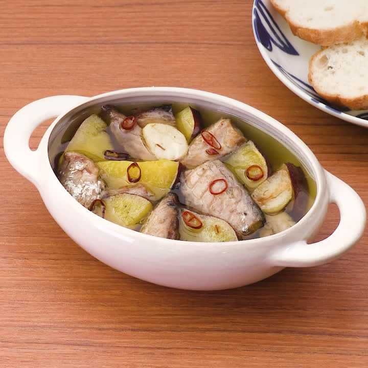 さつまいもと鯖缶のアヒージョ