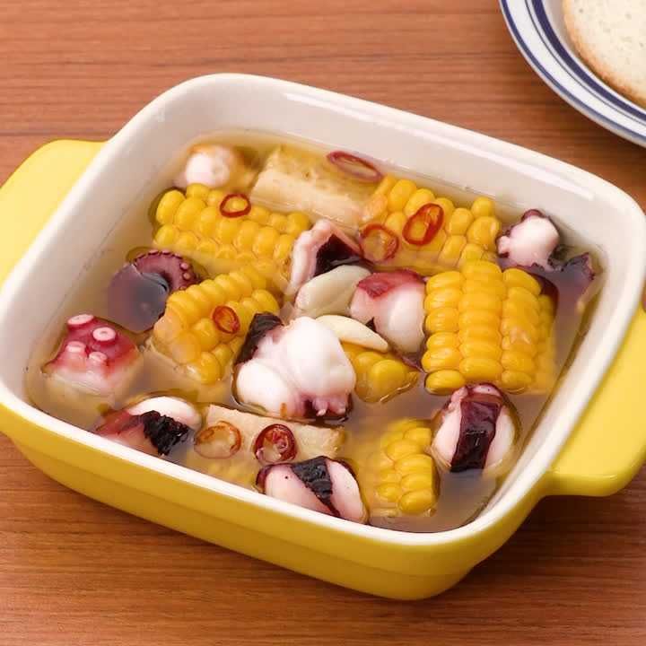 とうもろこしとたこのアヒージョ