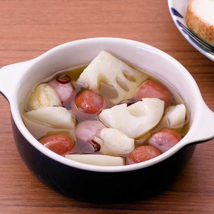 れんこんとソーセージのアヒージョ